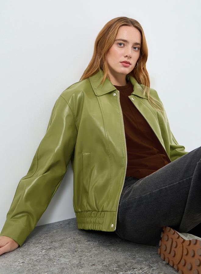 Take Two Women Olive Green Zip Up Faux Leather Jacket - Image 1